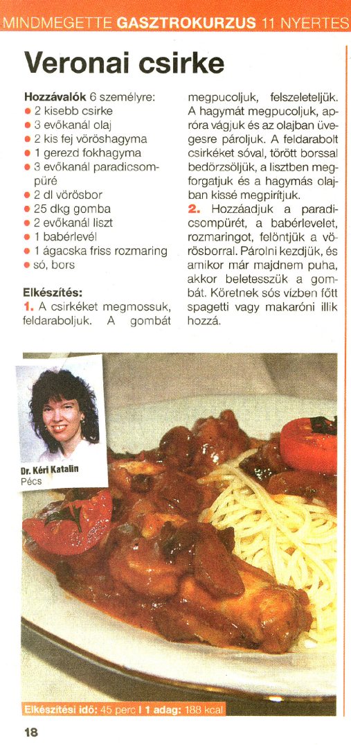 Nyomtatva megjelent Kéri Katalin: Veronai csirke címen a Mindmegette Recepttár 2011/8. sz., 18. oldalán